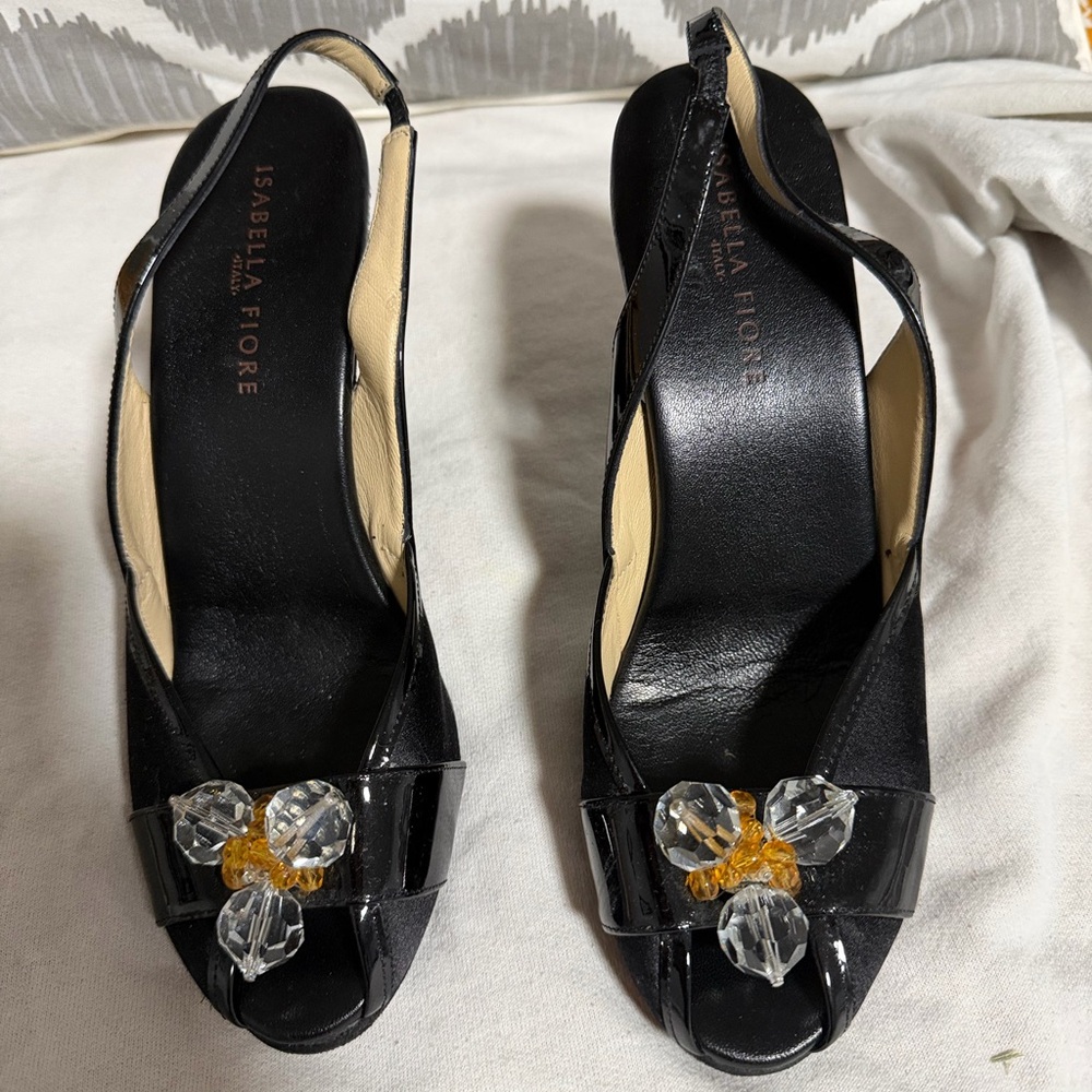 Isabella Fiore Black Slingback Heels with Crystal Accents